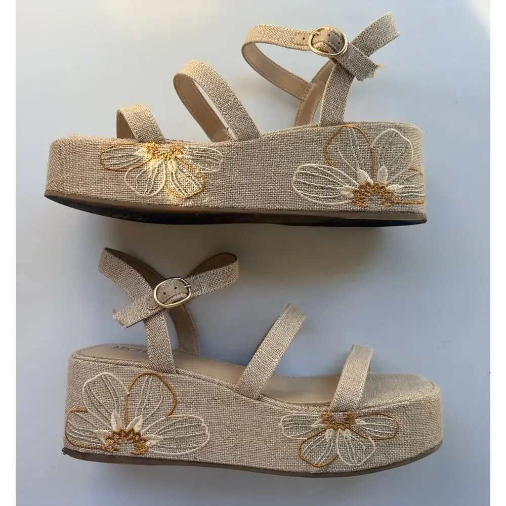 Michael Shannon Platform Sandals Linen Floral Embroidered Strappy Tan Womens 10